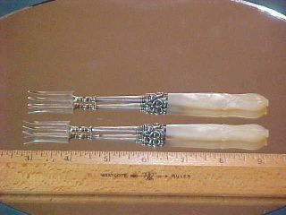 Pair: Antique Silverplated Cocktail Olive Oyster Pickle Forks W/ Mother Of Pearl