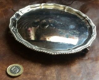 Antique Silver Plated Salver Tray On Three Feet 18cm Across Gadrooned Edge