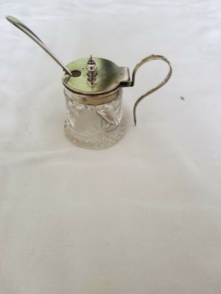 Cut Glass Mustard Pot With Silver Plated Lid And Spoon
