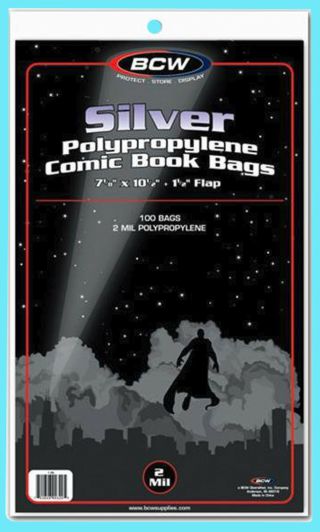 100 Bcw Silver / Regular Comic Book Bags 7 - 1/8 " X10 - 1/2 " Clear Plastic Archival