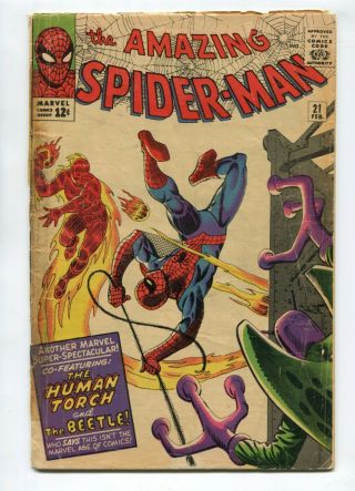 1965 Marvel Spider - Man 21 Human Torch Beetle Appearance Gd/vg B2