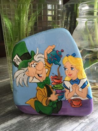 Hand Painted Santorini Stone Alice In Wonderland With Mad Hatter,  Tea Party