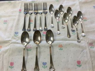 1881 Rogers A1 Silver Plate Scotia 3 Serving Spoons,  5 Forks,  7 Teaspoons