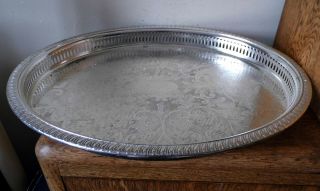 Vintage 1960s Ornate Silver Plated Oval Pierced Gallery Tray With Gadrooned Rim