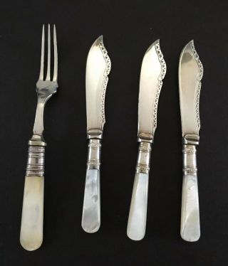 Vintage 3 Mother Of Pearl Handle Butter Knives Knife Sheffield,  Strawberry Fork