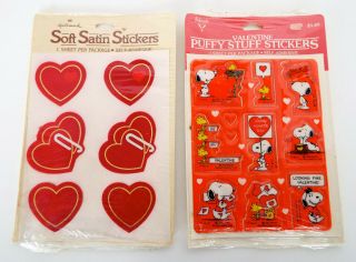 Vintage Valentine Stickers Hallmark Soft Satin Hearts Puffy Snoopy Old Stock