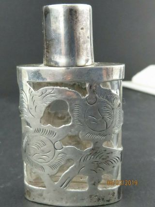 Vintage Mid Century Sterling Silver 925 Overlay Glass Perfume Snuff Bottle
