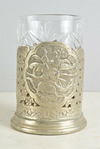 Neat Old Russian Tea Glass Holder With Glass Animals Silver Over Brass