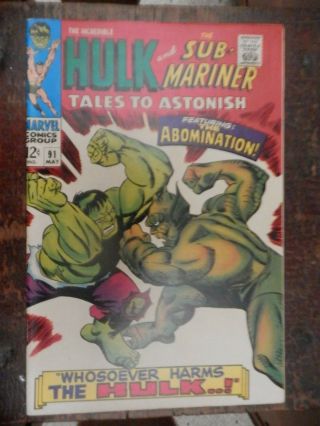 Tales To Astonish 91 Vf,  Sub - Mariner - The Incredible Hulk Battles Abomination