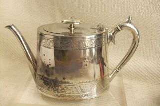 Antique Victorian Silver Plated Teapot With Engraved Decoration Uknown Marks
