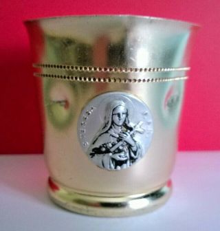 Vintage French Gold Coloured Metal Christening Baptismal Cup St.  Theresa Ref 617