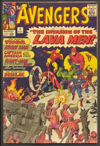The Avengers 5 (1964) 1st Lava Men App.  Stan Lee Jack Kirby Vg -