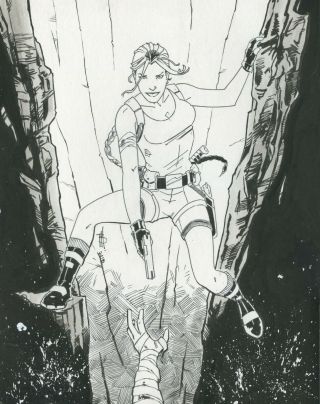 Pitathon Black And White Comic Art Lara Croft Tomb Raider Pinup