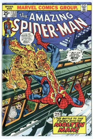 Spider - Man 133 Nm - 9.  2 Vs.  The Molten Man Marvel 1974