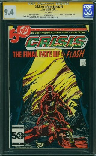 Crisis On Infinite Earths 8 Cgc Ss 9.  4 Wp Signed Marv Wolfman Flash Death