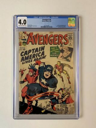 Avengers 4 1964 Cgc 4.  0.  1st Silver Age Appearance Of Captain America Stan Lee