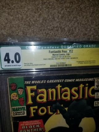 FANTASTIC FOUR 52 CGC 4.  0 1st App BLACK PANTHER SIGNED BY STAN LEE 3