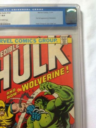 The Incredible Hulk 181 CGC 8.  0,  Very Fine,  (Marvel),  1st Wolverine,  Old CGC Label 4