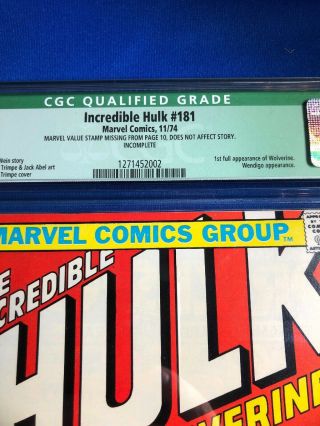 Incredible Hulk 181 CGC 8.  5 Qualified White Pages - 1st full app of Wolverine 2