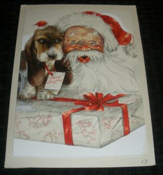 Merry Christmas Santa Claus W/ Basset Hound 6x8.  5 " Greeting Card Art 5409