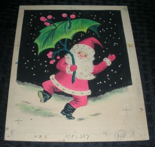Merry Christmas Santa Claus W/ Holly Umbrella 7x9 " Greeting Card Art Fl317
