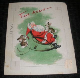 Merry Christmas Santa Claus Time Again W/ Rabbits 6x7.  5 " Greeting Card Art Fl64