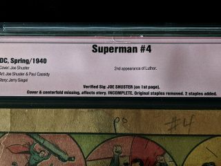 JOE SHUSTER SIGNED Superman 4 1940 CBCS GRADED 2nd Lex Luthor 1940 DC COMICS 6