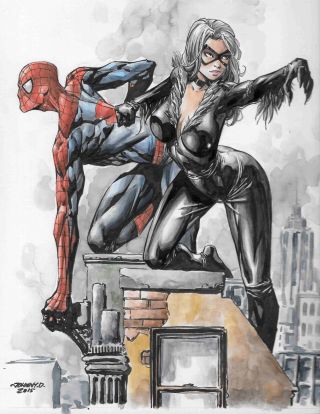 Spider - Man & Black Cat Watercolor Painting Johnny Desjardins 9x12