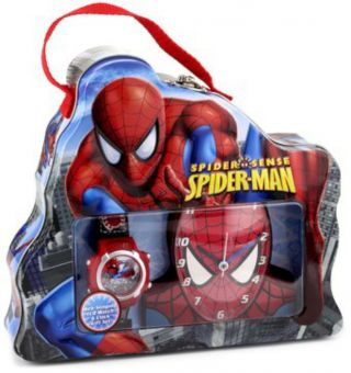 Marvel Spm023t Kids Spider - Man & Clock Sport Watch Set W/tin Carrying Case