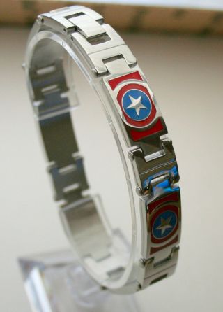 Marvel Comics Captain America Shield Mens Rwb Stainless Steel Link Bracelet Nos