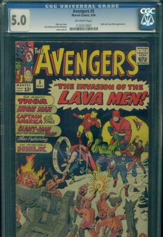 Avengers 5 Cgc 5.  0 Vg/fn Marvel Comic Cap Thor Hulk Iron Man Giant Man Lava Men