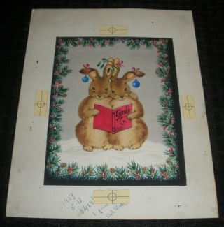 Merry Christmas 2 Bunny Rabbits Singing Carols 7.  5x9.  5 " Greeting Card Art 5h