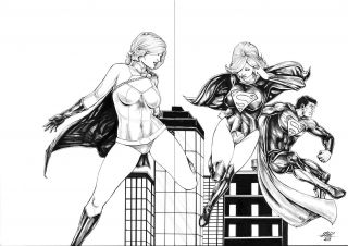 Kara,  Power Girl,  Clark Kent (22 " X17 ") By Aldir - Ed Benes Studio