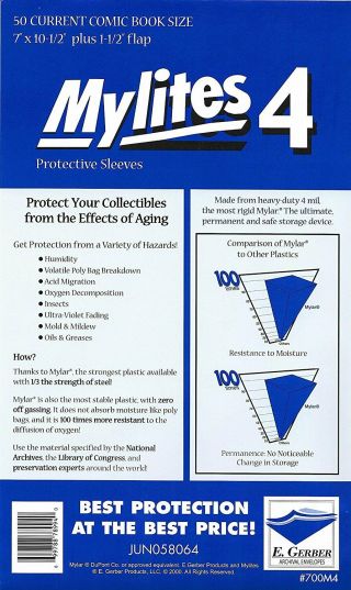 50 - E.  Gerber Mylites 4 Current / Modern 4 - Mil Mylar Comic Bags Sleeves 700m4