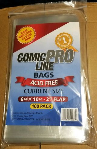 100 - Comic Pro Line Current 2 - Mil Clear Opp Bags - 6 - 7/8 " X 10 - 1/2 ",  2 " Flap