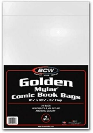Pack Of 25 Bcw Golden Age Comic Mylar Bags 4 - Mil 8.  25 X 10.  5 Acid Mylars