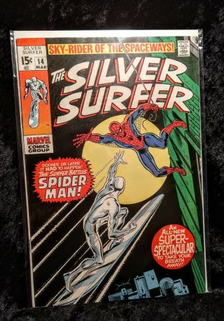 The Silver Surfer 14 (vol.  1) Ft.  Spiderman March 1970 Fn/vf 7.  0