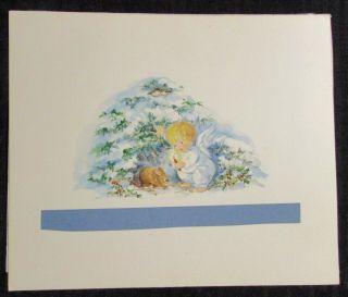 Christmas Angel Baby W/ Candle & Bunny Rabbit 9x7.  5 " Greeting Card Art Nn