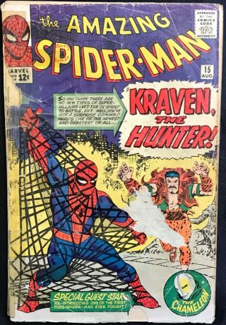 The Spider - Man 15 (marvel,  1964) 1st App.  Of Kraven 0.  5 Pr Silver Age