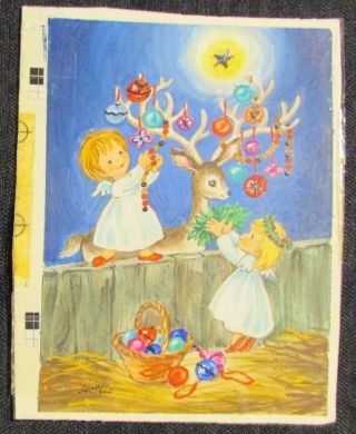 Christmas Angel Babies W/ Reindeer & Ornaments 4.  75x6 " Greeting Card Art 121