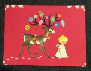 Christmas Angel Boy W/ Reindeer & Ornaments 6.  75x5 " Greeting Card Art 158