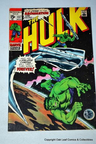 Incredible Hulk 137 Marvel Comic Book F - Vf Vs The Abomination