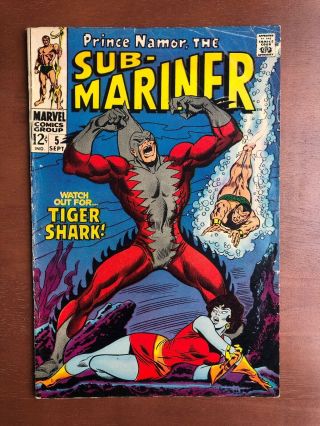 Sub - Mariner 5 (1968) 6.  0 Fn Marvel Key Issue Comic Silver Age 1st Tiger Shark