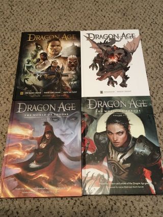 Dragon Age Library Edition Volume 1 & 2 And World Of Thedas 1 & 2 Hardcovers
