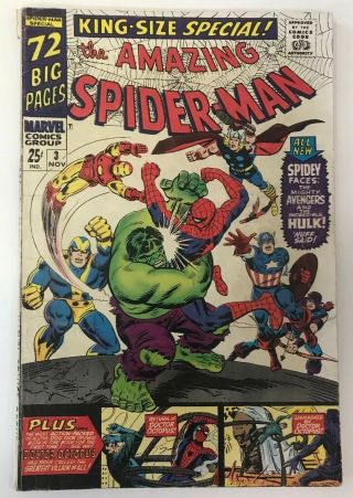 The Spider - Man Annual 3 Marvel Comics 1966 Avengers & Hulk App.  Vg,