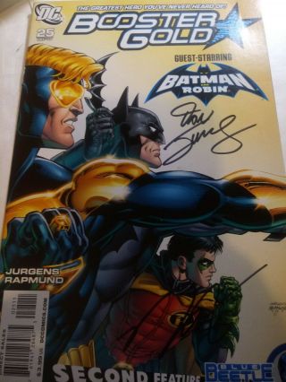 Booster Gold W/ Batman & Robin Signed Dan Jurgens Norm Rapmund Dc Comic At Sdcc