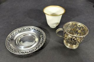 Set Of Six Sterling Silver Tea Cup Holders And Plates With Lenox Gilt Porcelain