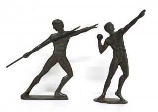 Vtg Antique Signed Nude Male Figure Shotput Javelin Bronze Olympic Sculpture Set