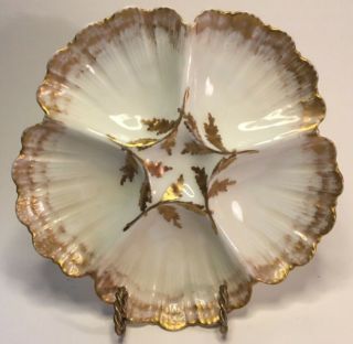 Antique French Porcelain Oyster Plate By T&v Limoges Golden Seaweed Leafs