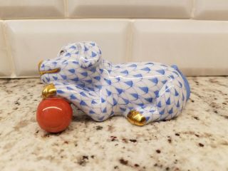Herend Puppy Dog With Ball Figurine Blue Fishnet 24k Gold 3.  5 In.  Hungary